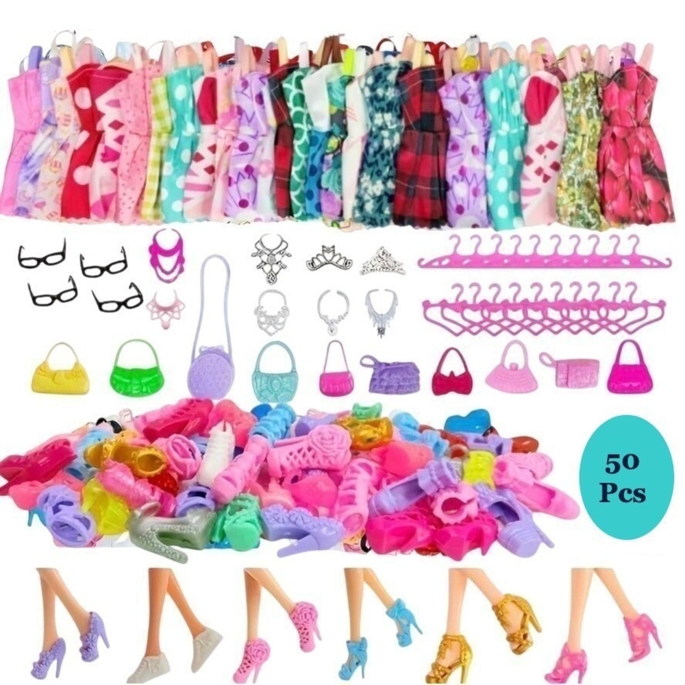 50 Piece Set Fashion Doll Clothing Barbie Style Outfits Accessories Dress Up Lot